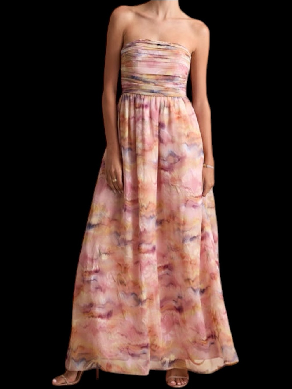 Lulus Mykala Light Pink Yellow Abstract Watercolor Pleated Strapless Maxi Dress